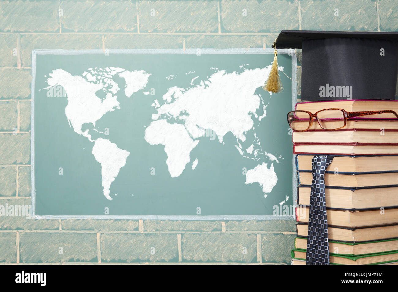 World map and unusual teacher Stock Photo
