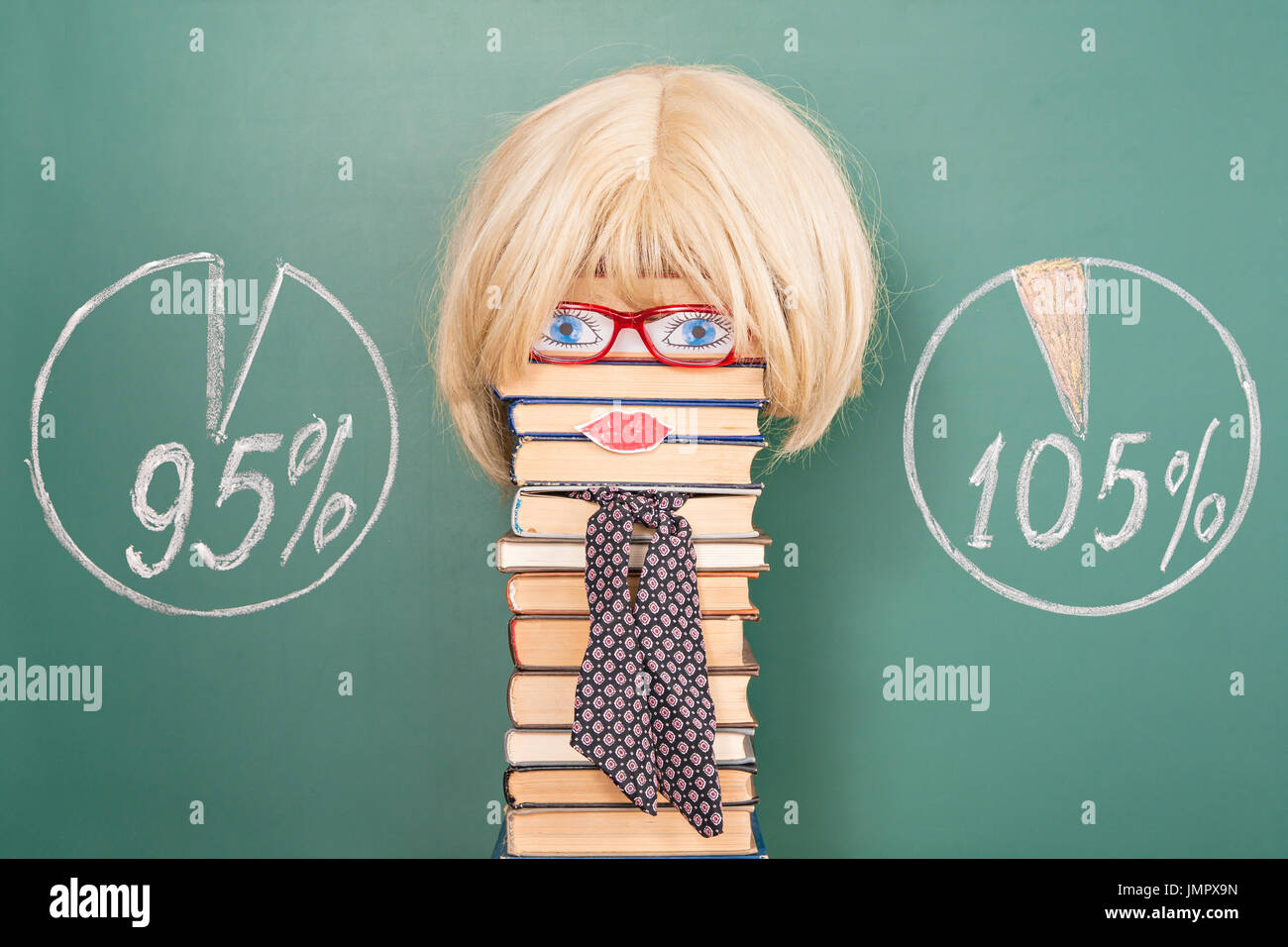 Funny education idea. Woman teacher in front of blackboard with percentage diagram Stock Photo