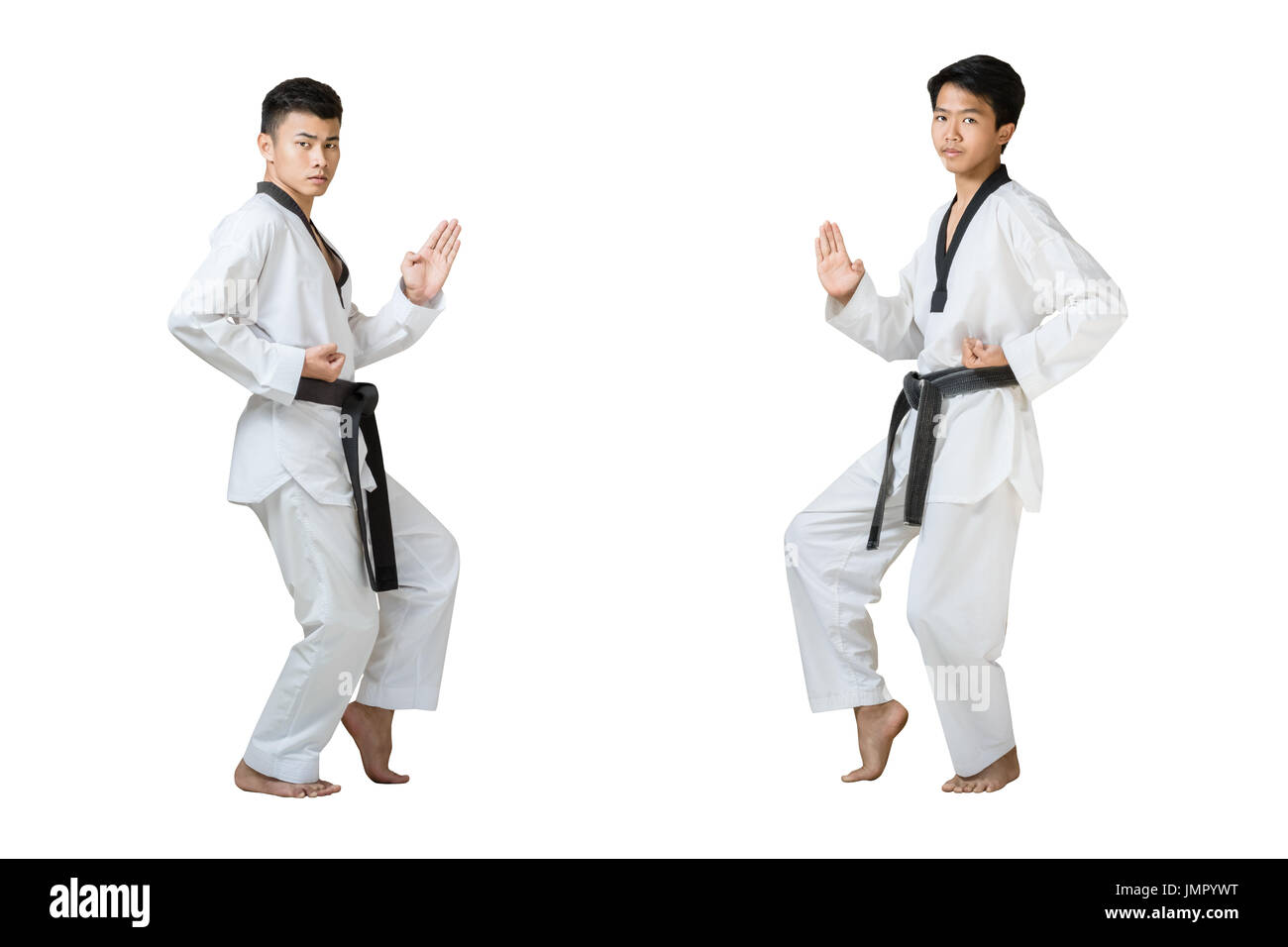 Portrait of two young handsome asian man with taekwondo black belt