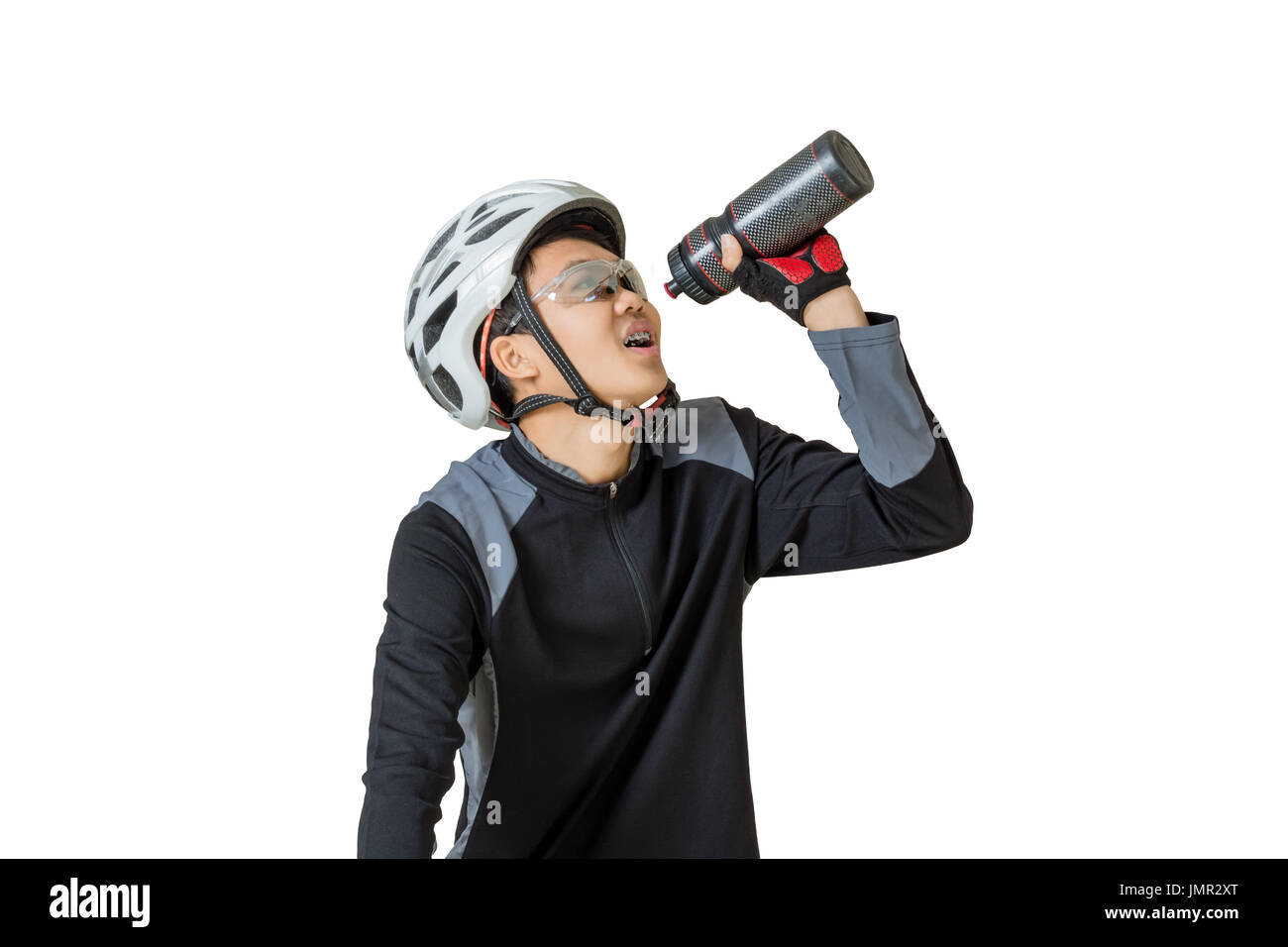 Portrait of a young asian man cyclist with helmet and sportswear ...