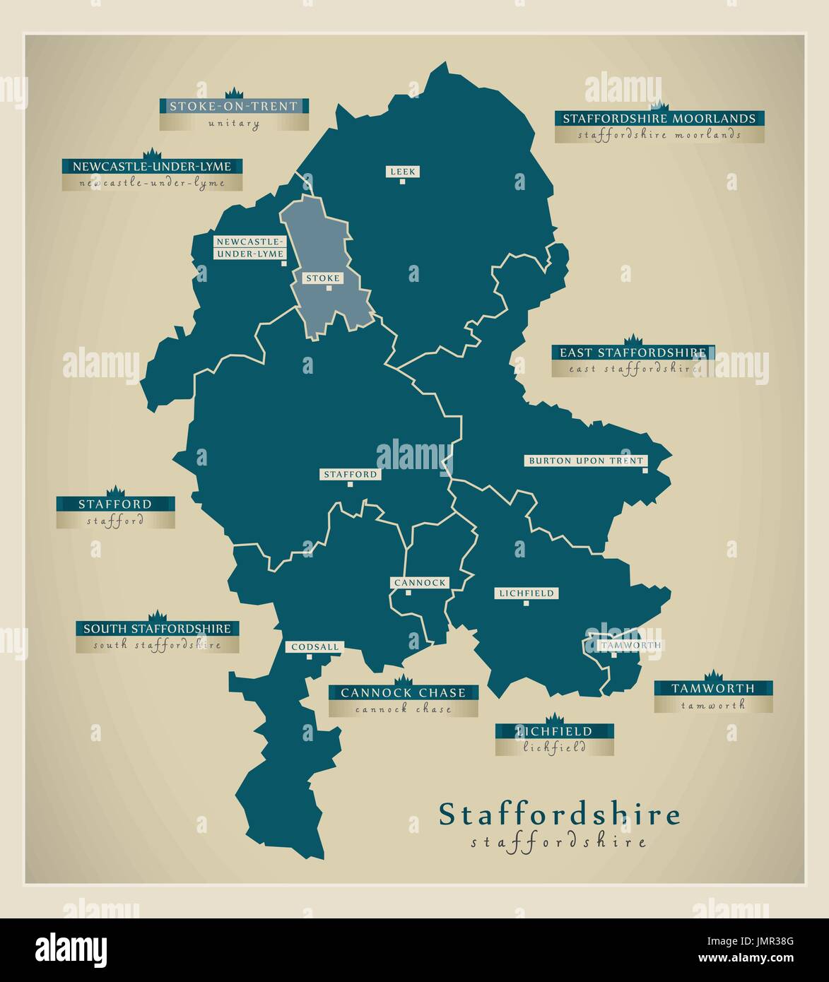 Modern Map - Staffordshire county England UK illustration Stock Vector