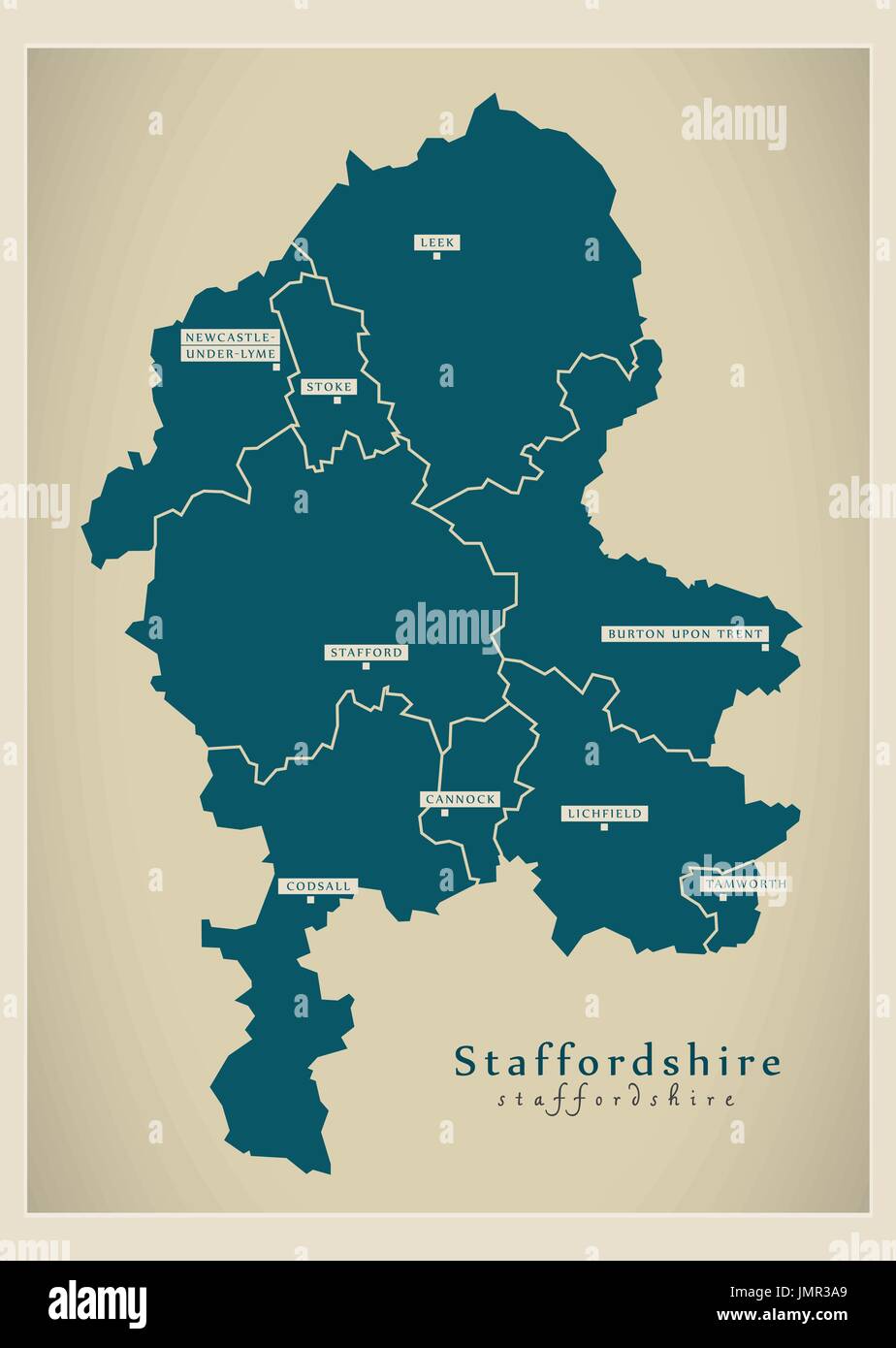 Modern Map - Staffordshire county with cities and districts England UK illustration Stock Vector