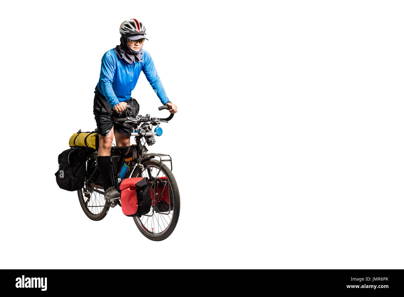 Portrait of an asian man cyclist with helmet and sportswear on his touring bicycle. Isolated full length on white background with copy space and clipp Stock Photo