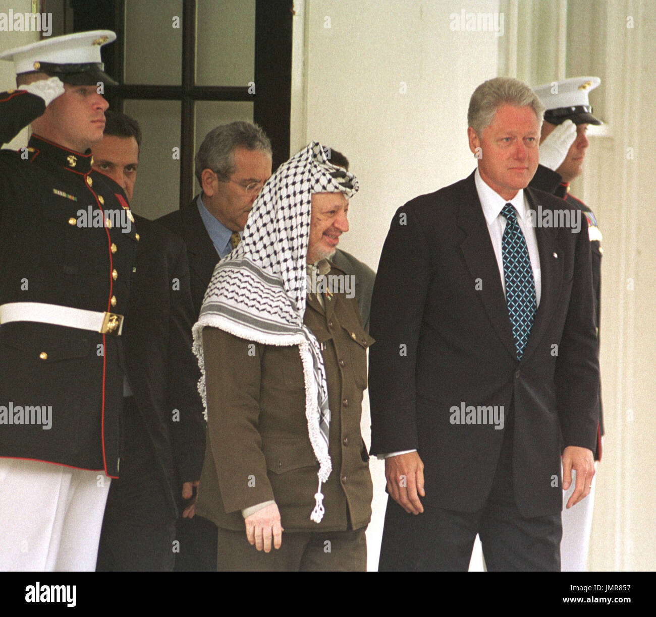 United States President Bill Clinton and walks Palestinian Authority Chairman Yasser Arafat from the West Wing of the White House after their talks in the Oval Office at the White House in Washington, DC on June 15, 2000. Stock Photo