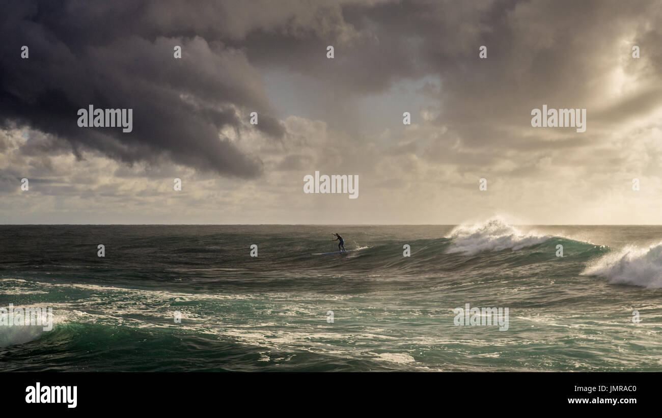 A man paddle boarding surfing a wave in Sydney's Northern Beaches early in the morning on a stormy day Stock Photo