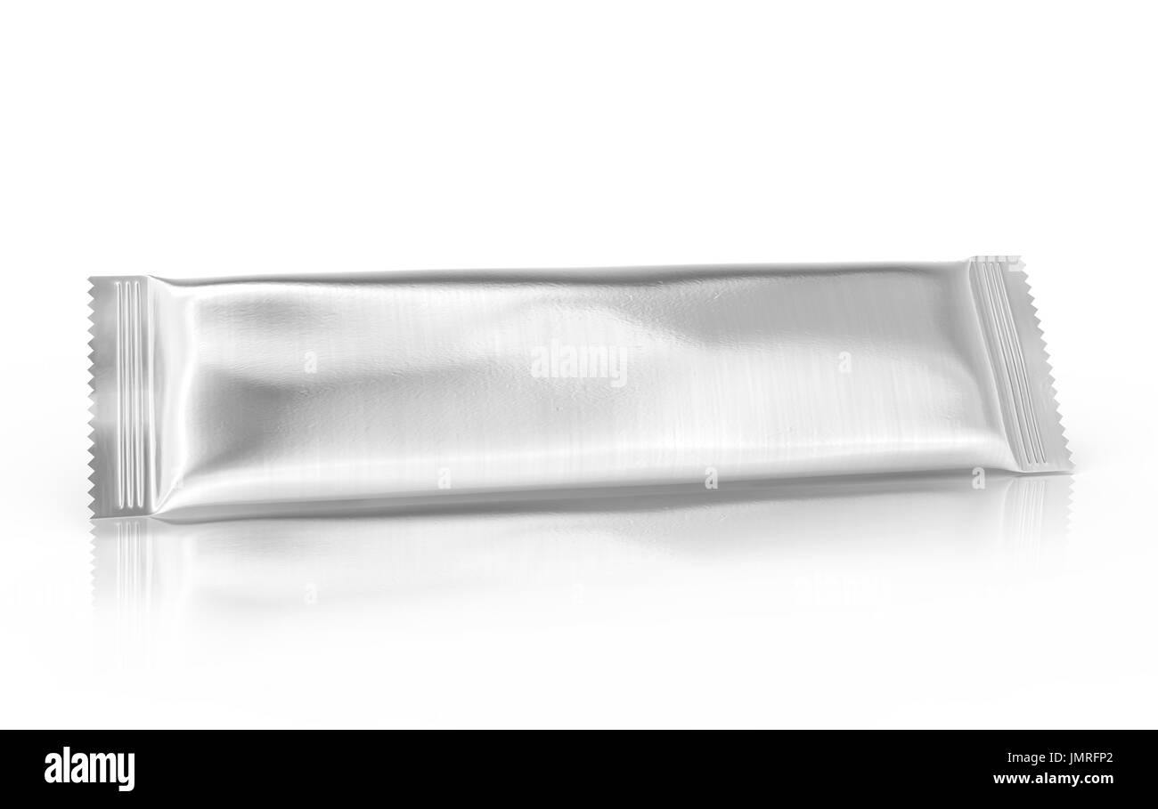 Blank food package mockup, one silver bag template for snacks, sugar or