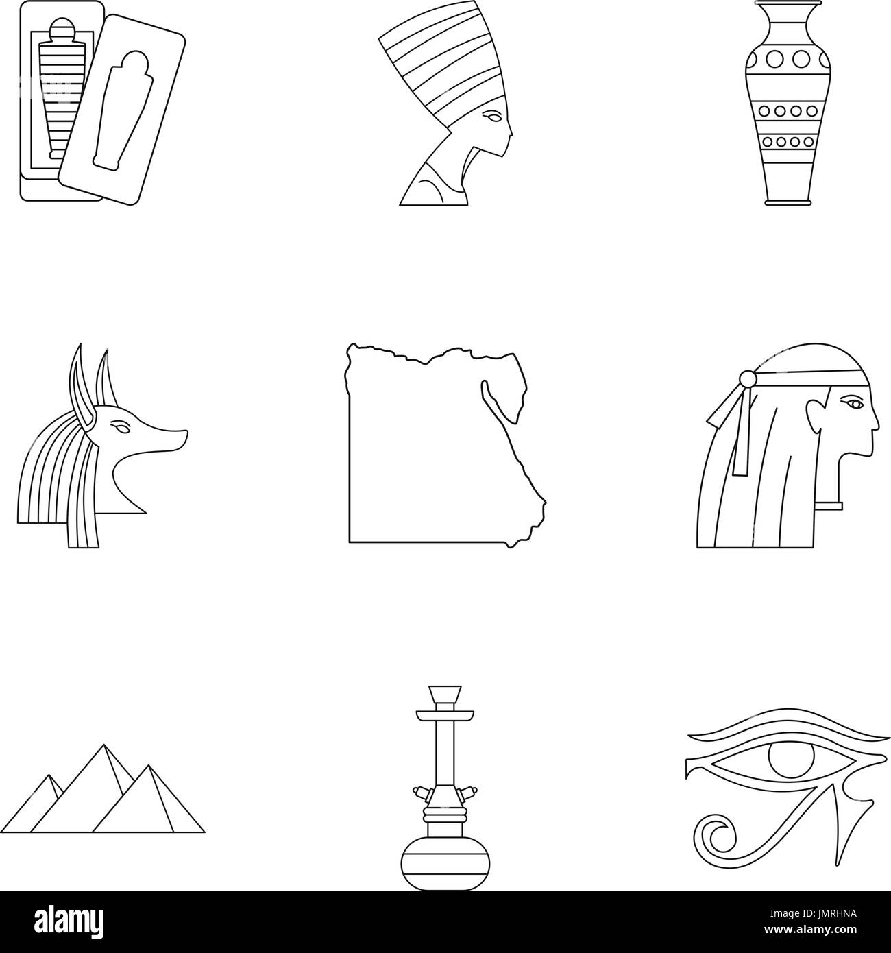 Pharaon of Egypt icons set, outline style Stock Vector