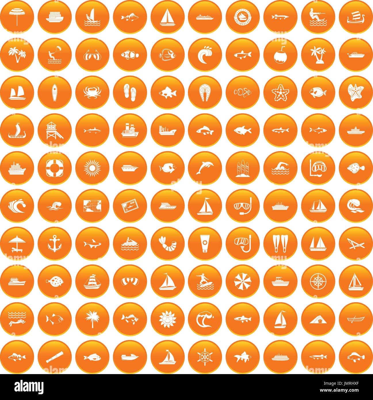 100 sea icons set orange Stock Vector