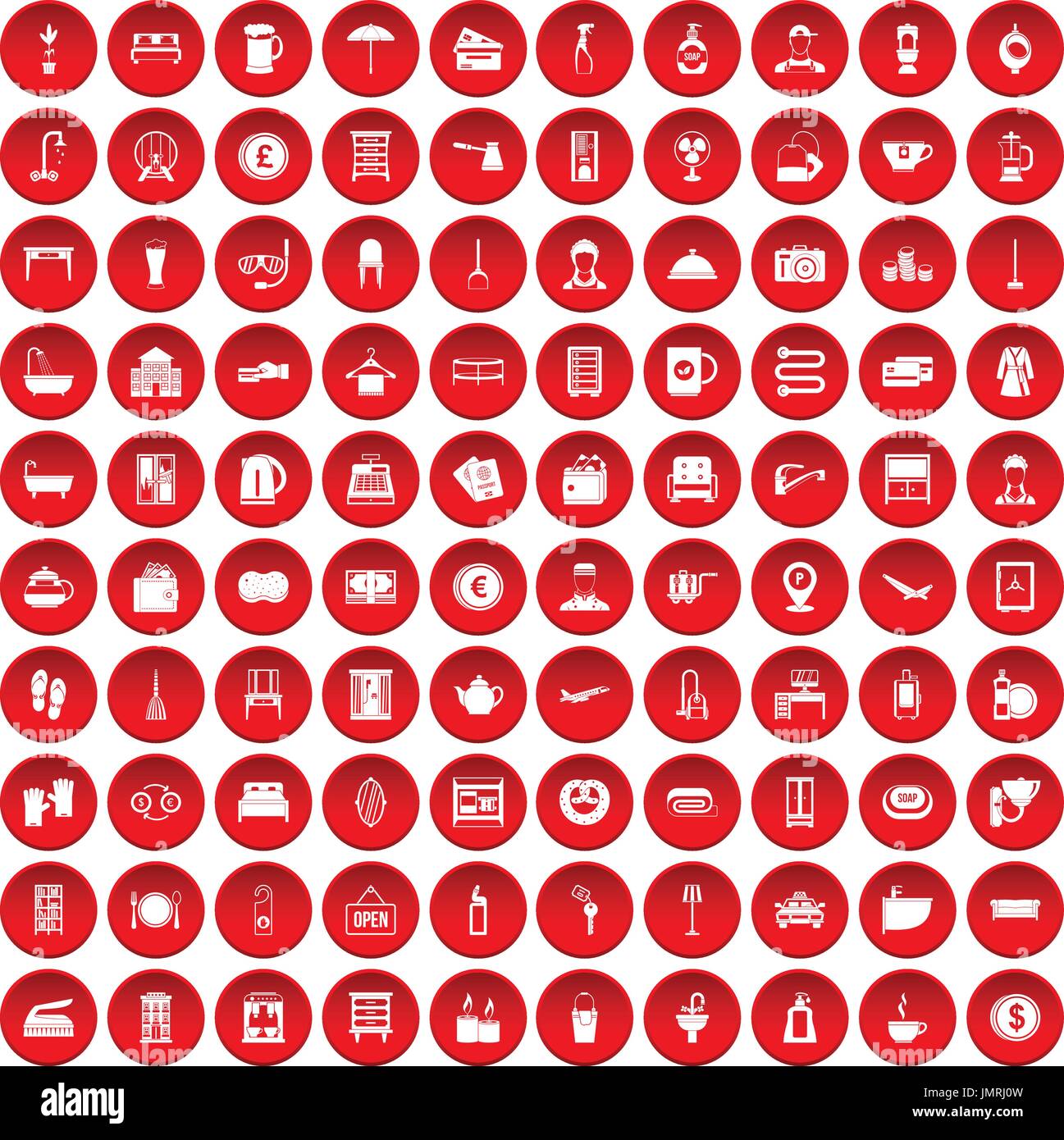 100 inn icons set red Stock Vector