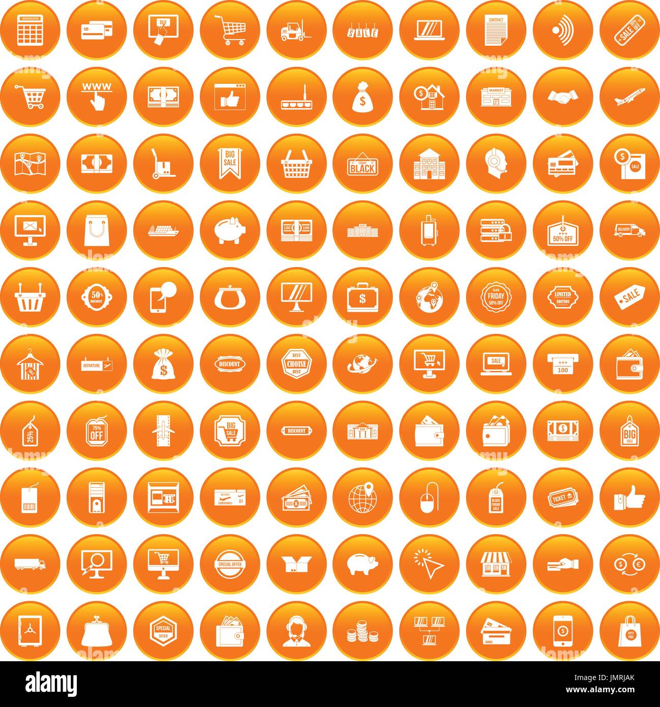 100 shopping icons set orange Stock Vector