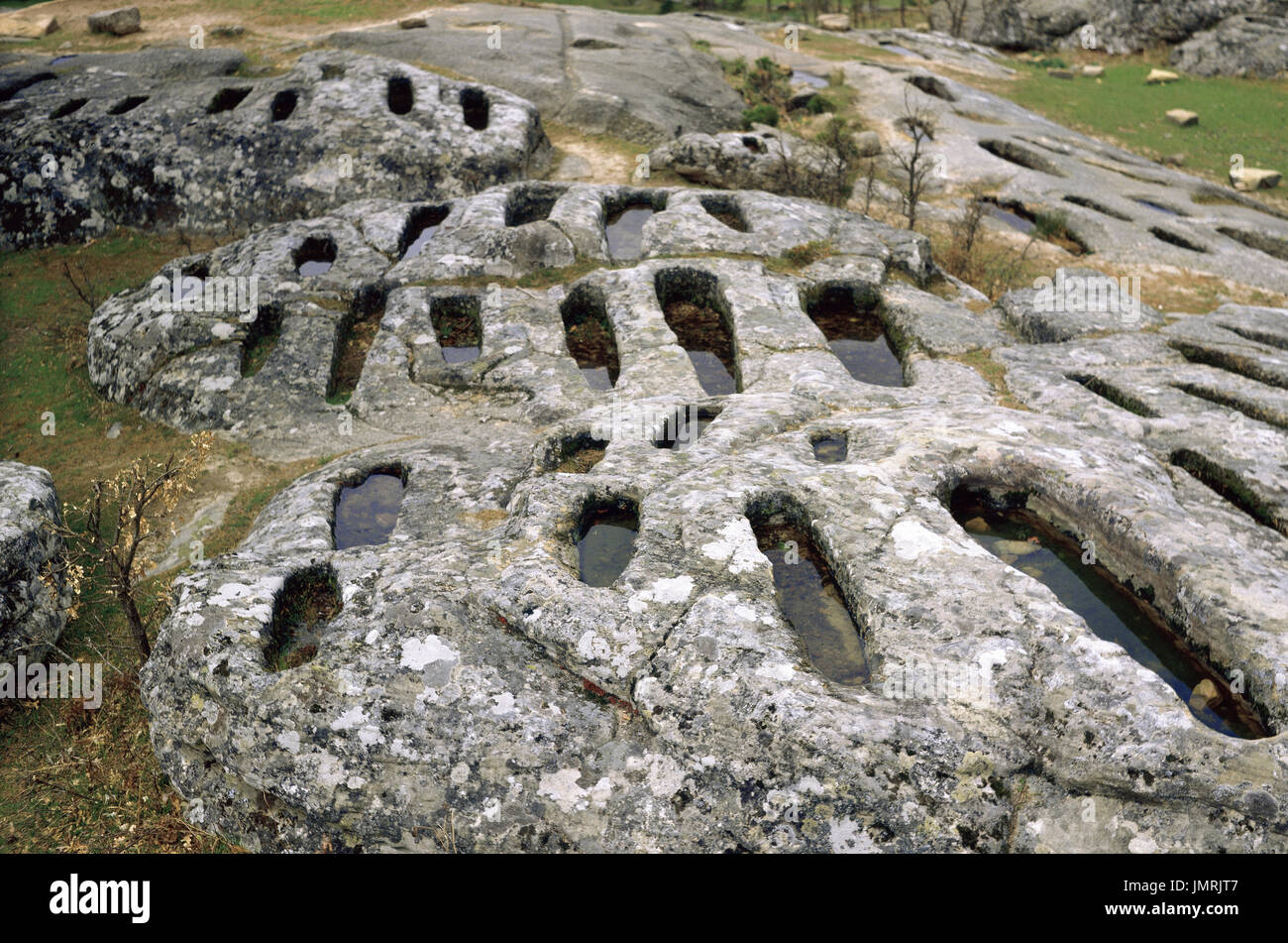 Middle Ages. Necropolis of Revenga. Detail of the tombs excavated in the rock. Quintanar de la Sierra. Burgos Province. Castile and Leon. Spain. Stock Photo