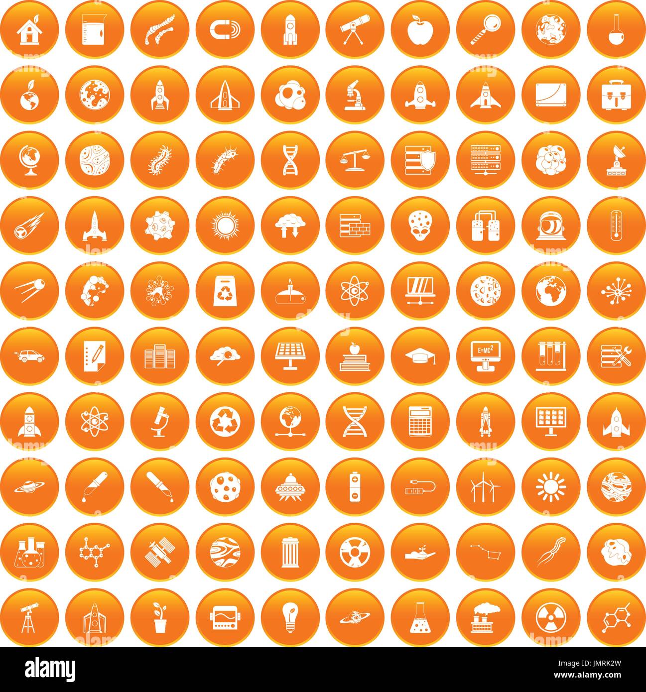100 space icons set orange Stock Vector