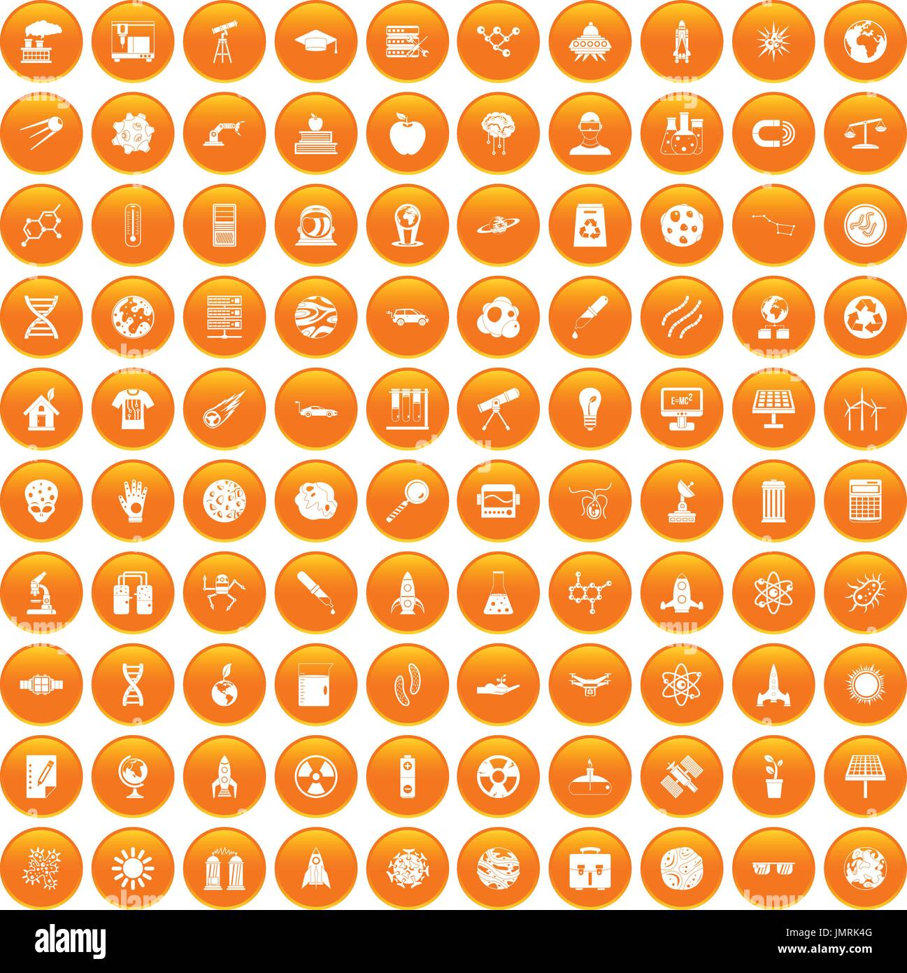 100 space technology icons set orange Stock Vector