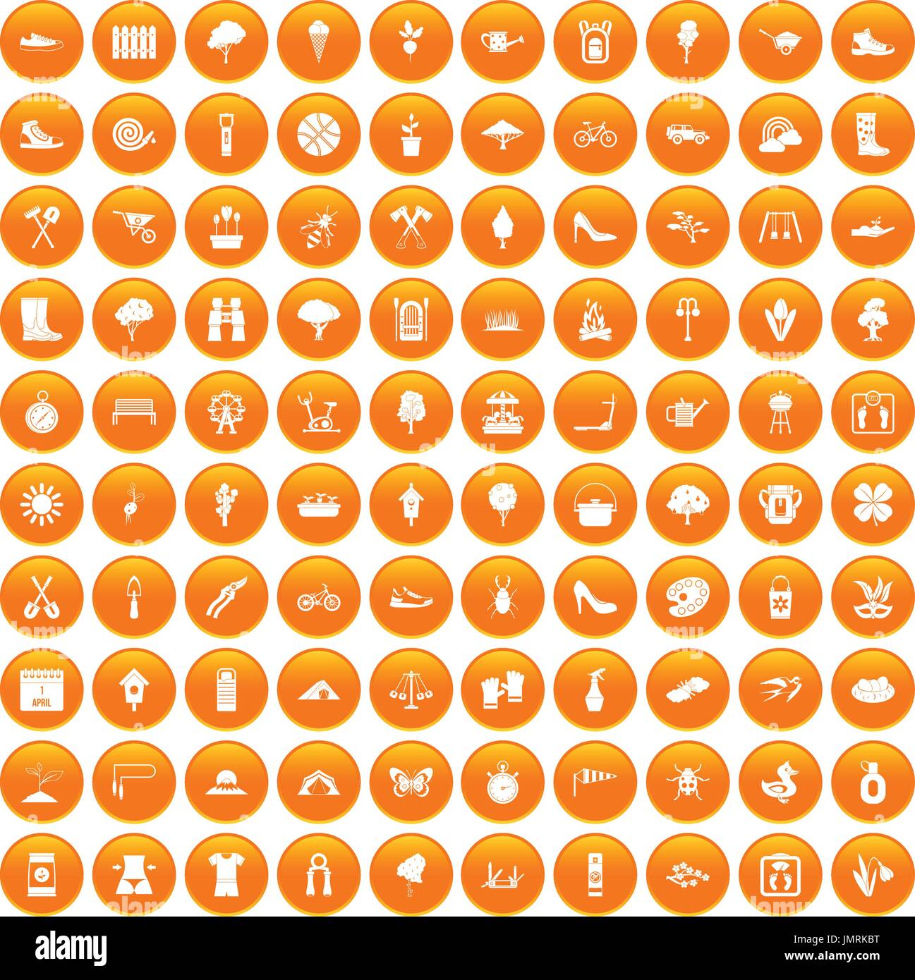 100 spring icons set orange Stock Vector