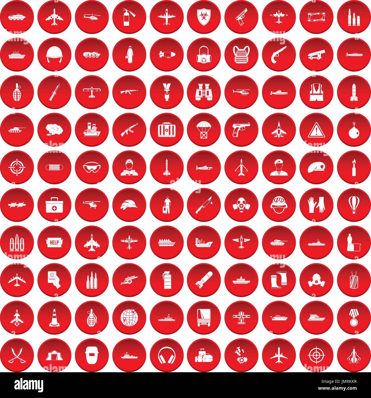 100 military resources icons set red Stock Vector