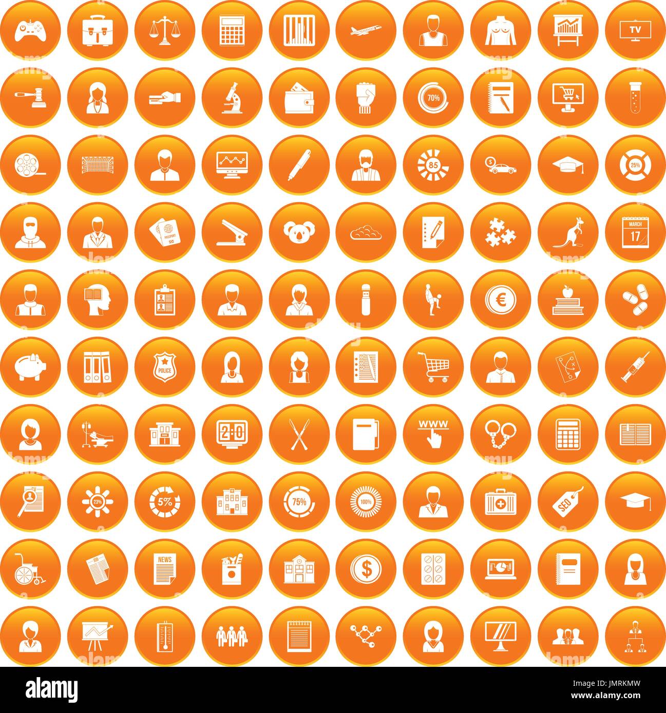 100 statistic data icons set orange Stock Vector