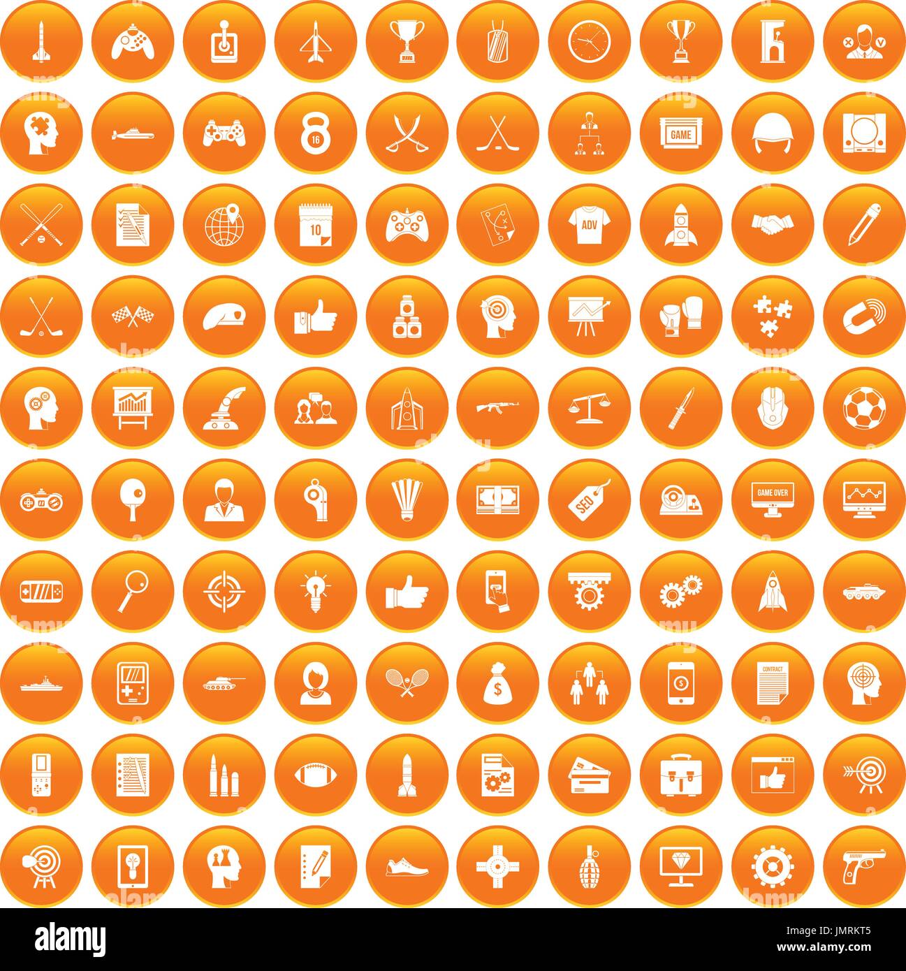 100 strategy icons set orange Stock Vector