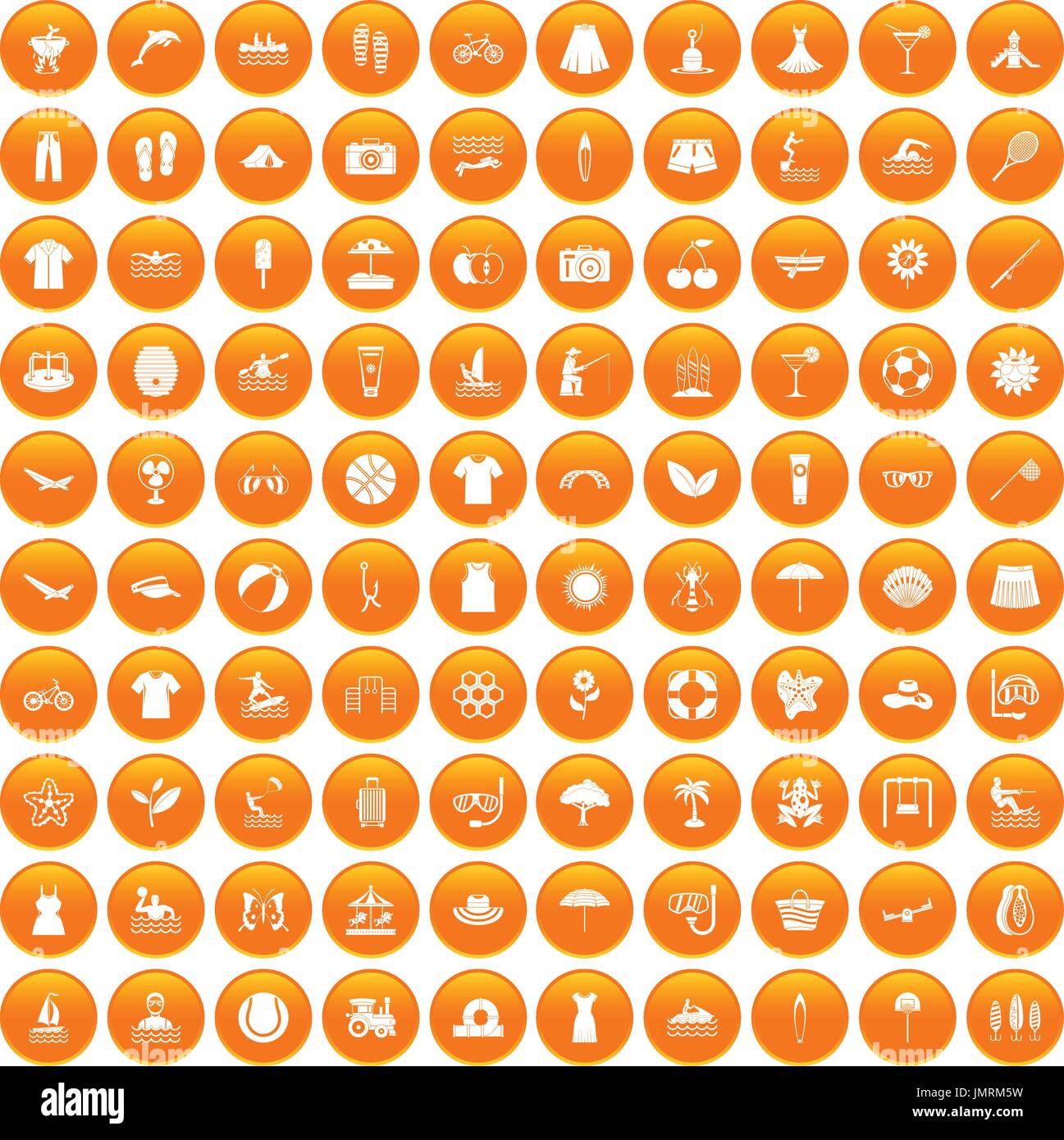 100 summer icons set orange Stock Vector