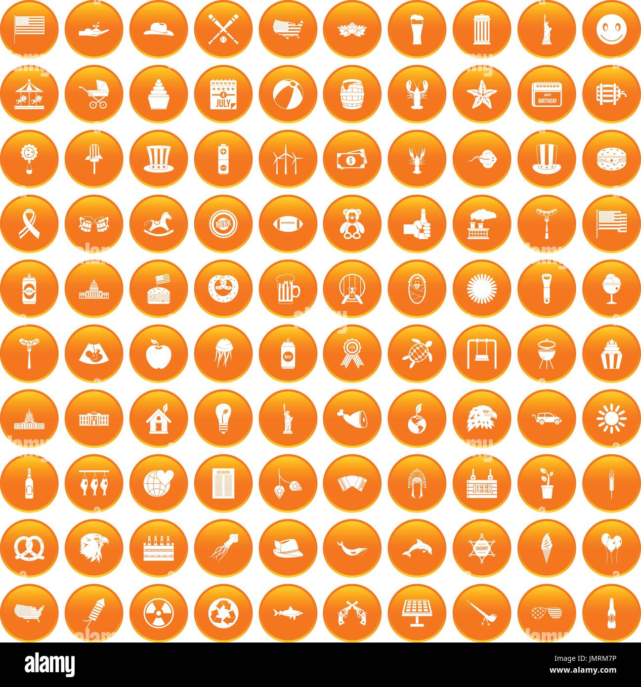 100 summer holidays icons set orange Stock Vector