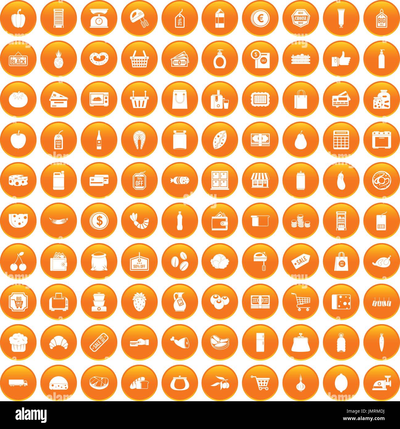 100 supermarket icons set orange Stock Vector