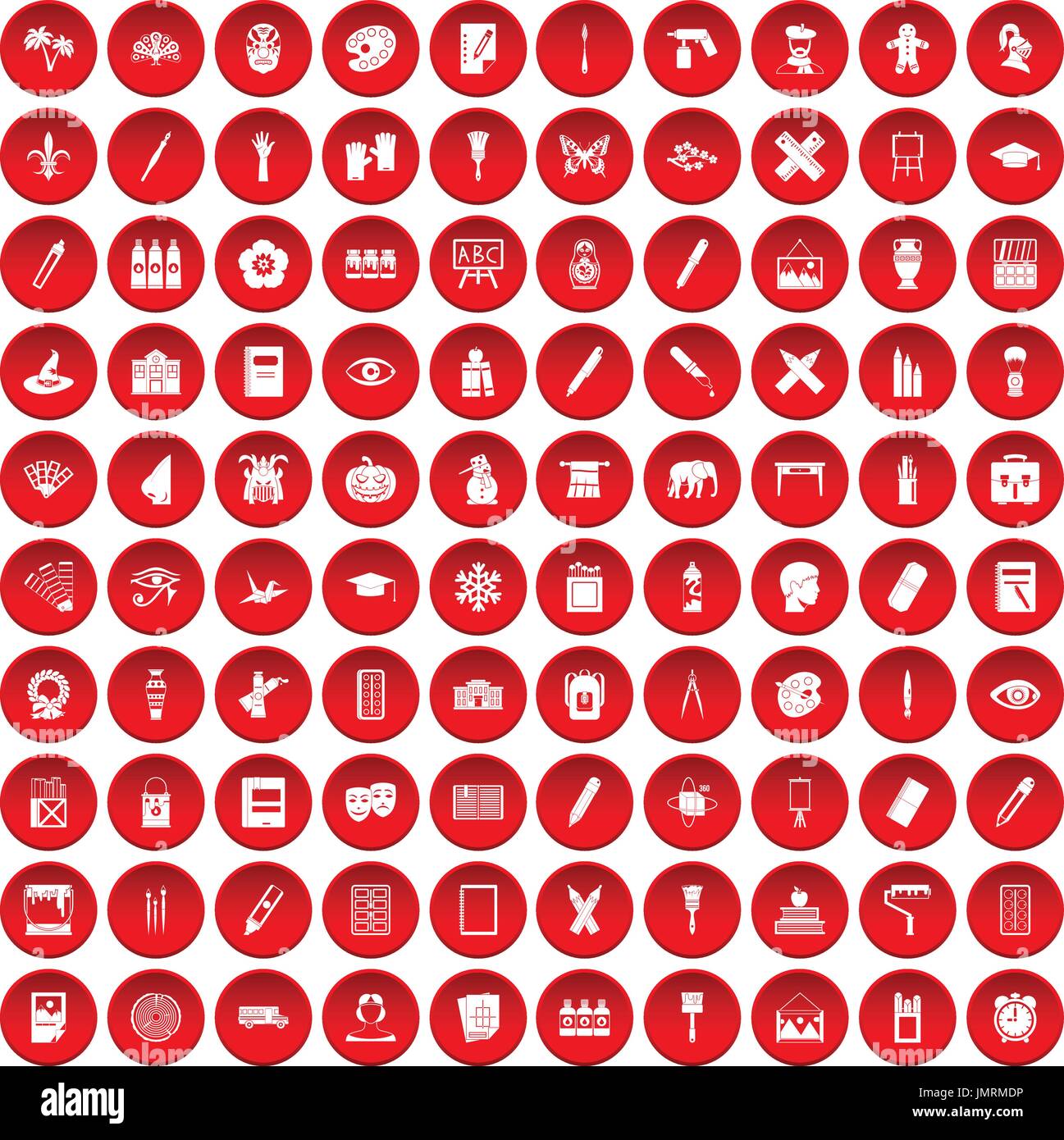 100 paint school icons set red Stock Vector
