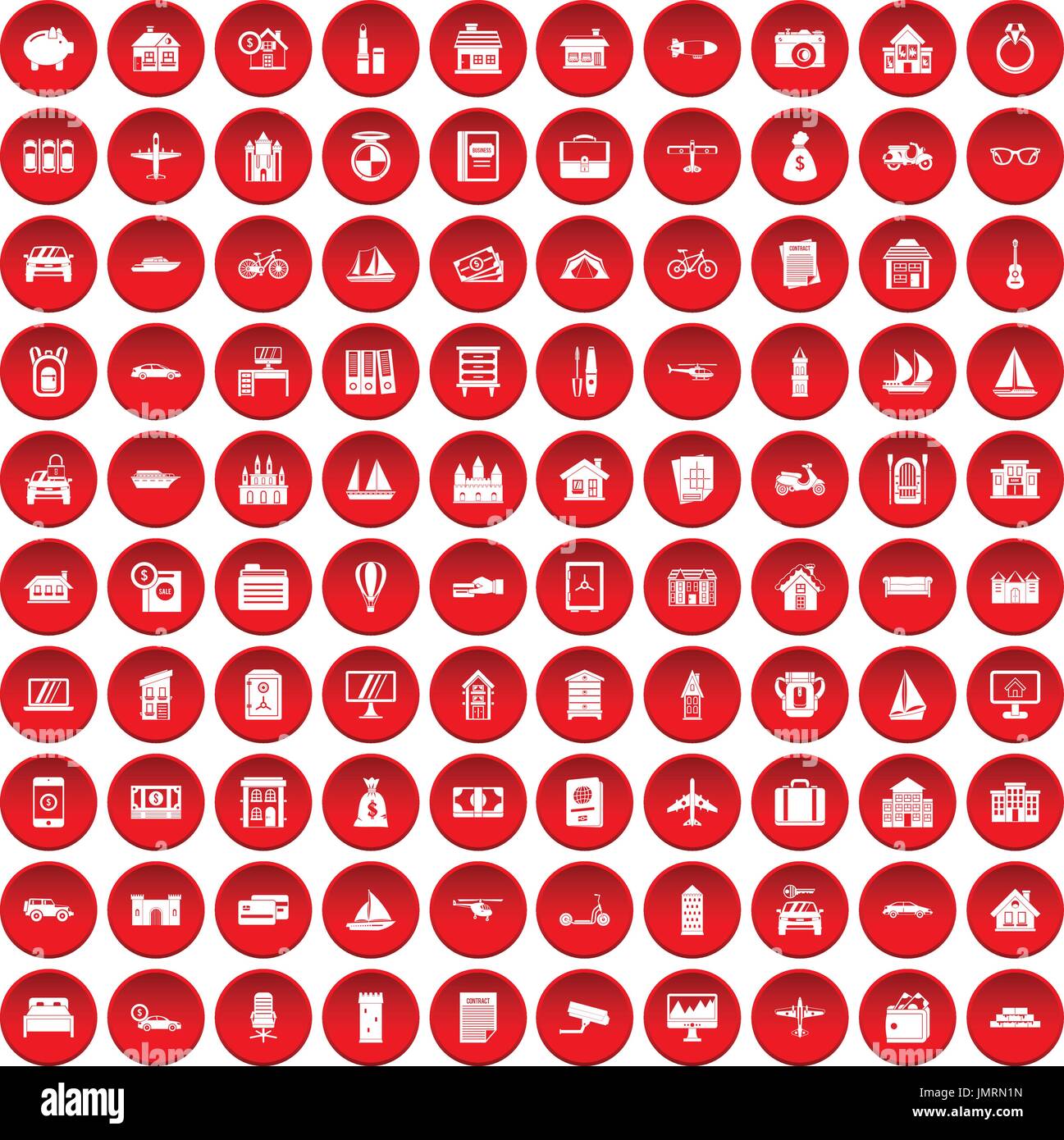 100 property icons set red Stock Vector