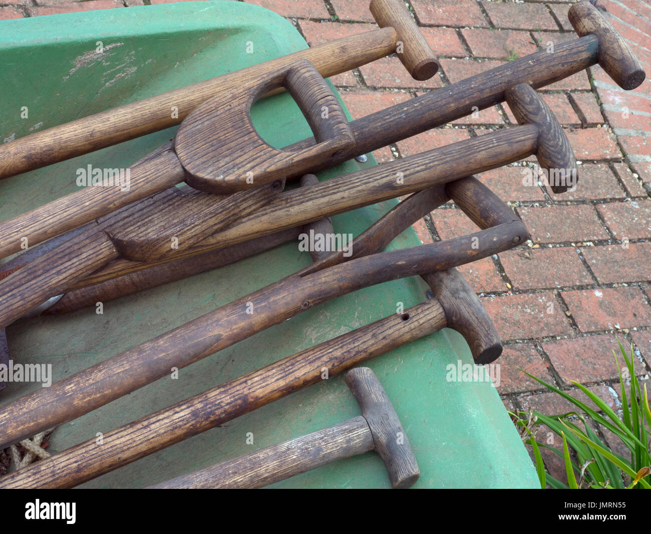 Garden tools in wheelbarrow Stock Photo