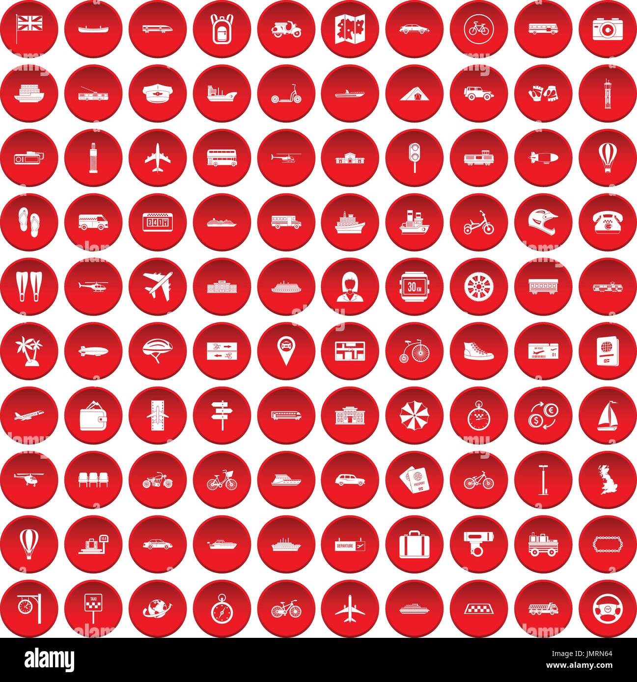 100 public transport icons set red Stock Vector