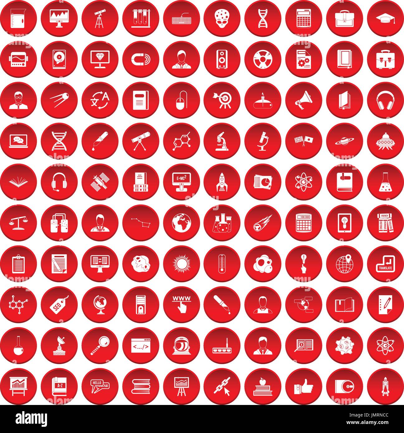 100 researcher science icons set red Stock Vector
