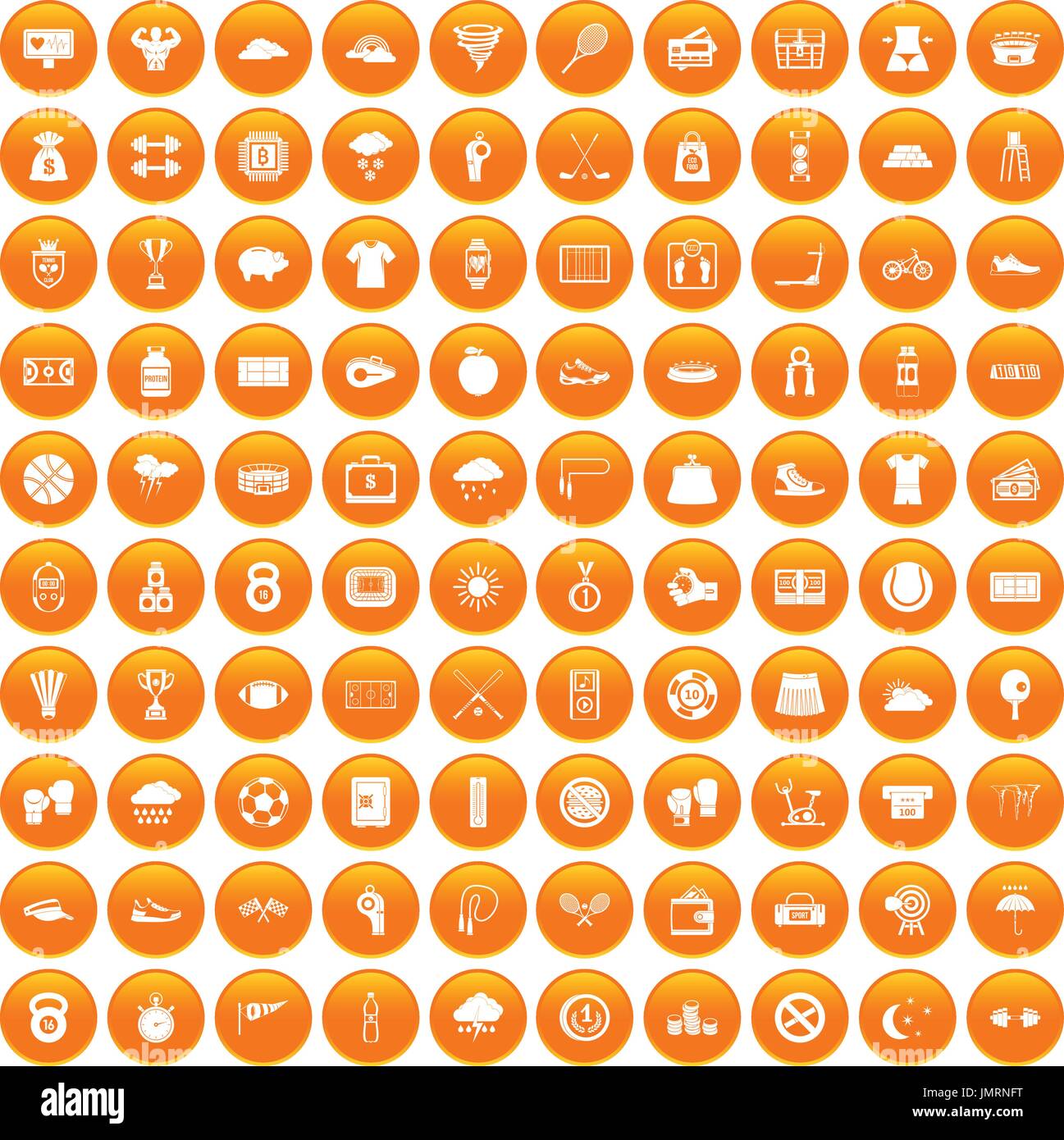 100 tennis icons set orange Stock Vector