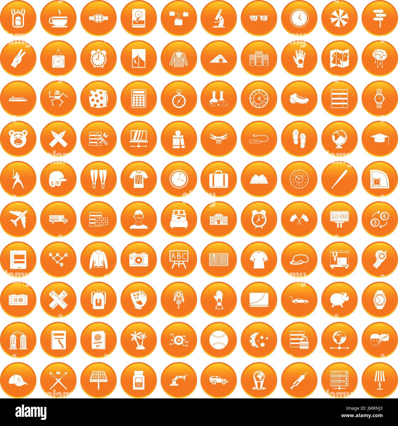 100 time icons set orange Stock Vector
