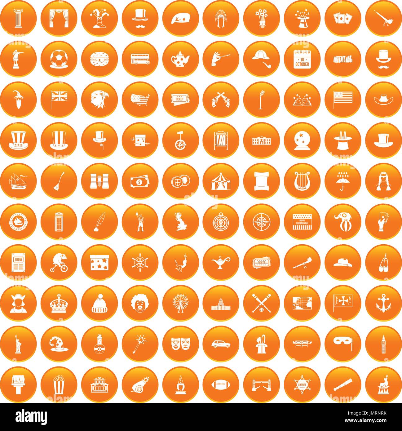100 top hat icons set orange Stock Vector
