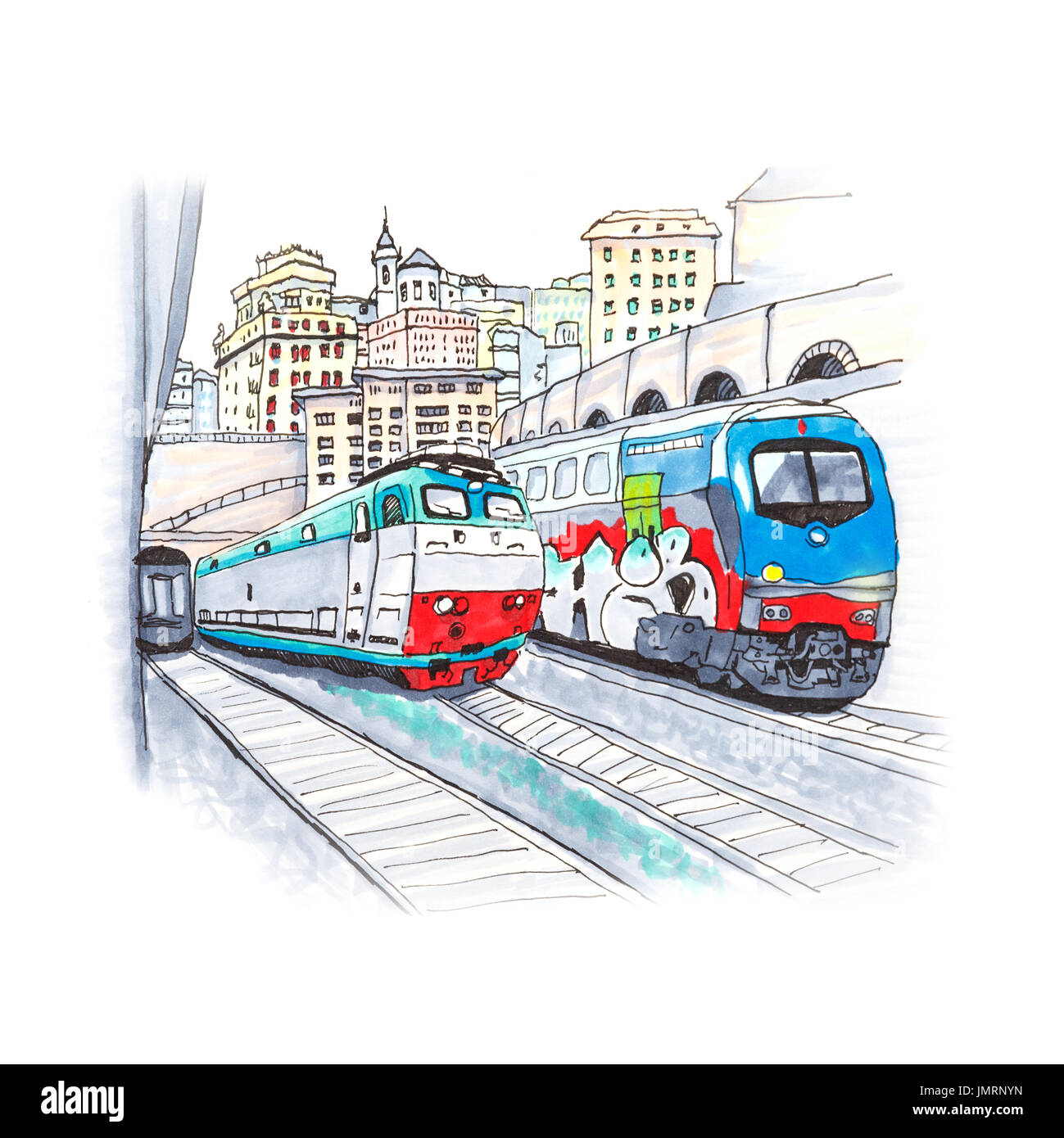 Trains at railway station, Genoa, Liguria, Italy Stock Photo