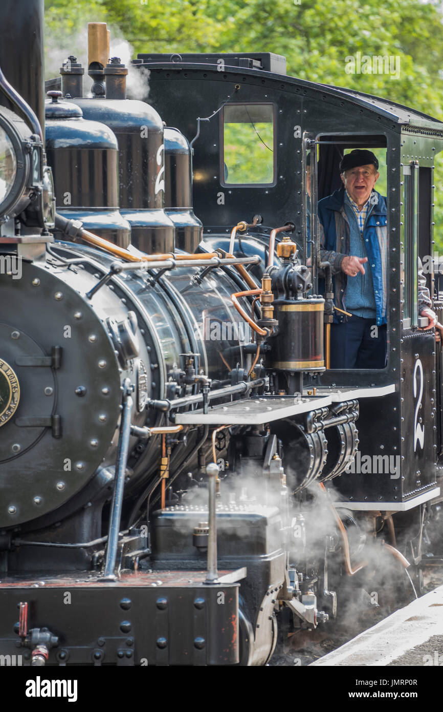 The Brecon Mountain Railway (Welsh: Rheilffordd Mynydd Brycheiniog) is a 1 ft 113⁄4 in (603 mm) narrow gauge tourist railway that runs through the Brecon Beacons along the full length of the Pontsticill Reservoir and uphill Stock Photo