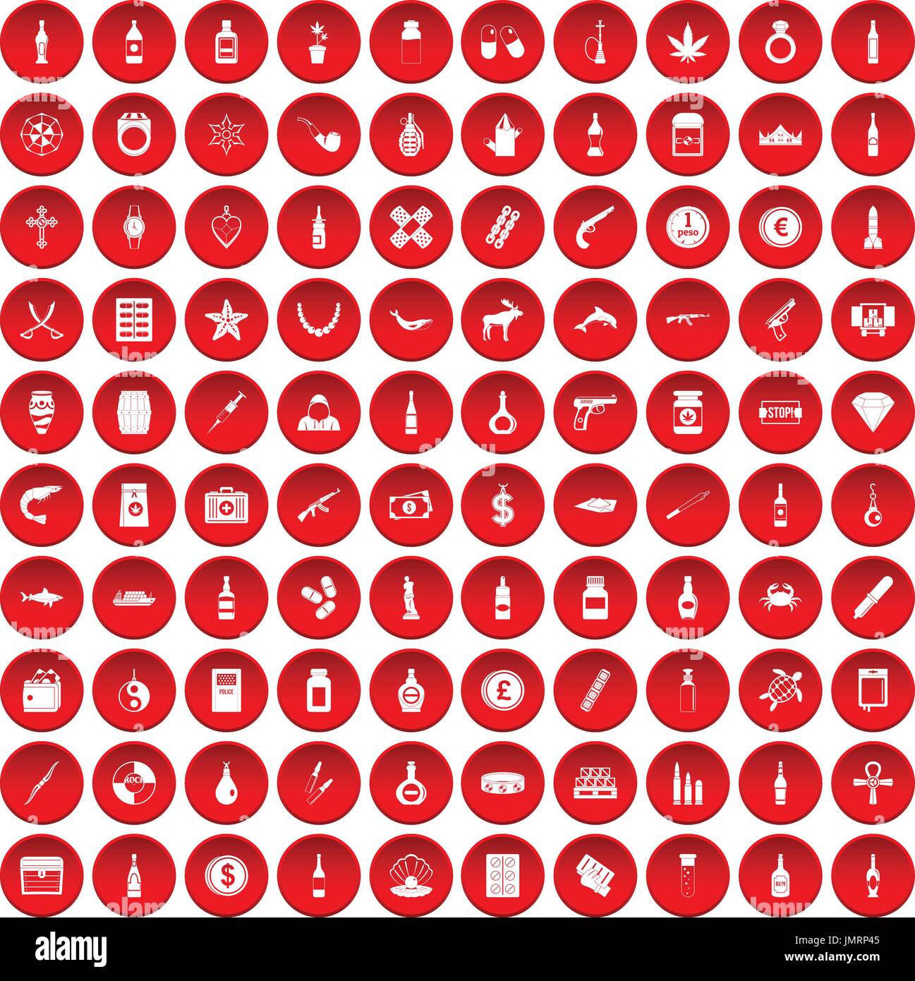 100 smuggling goods icons set red Stock Vector
