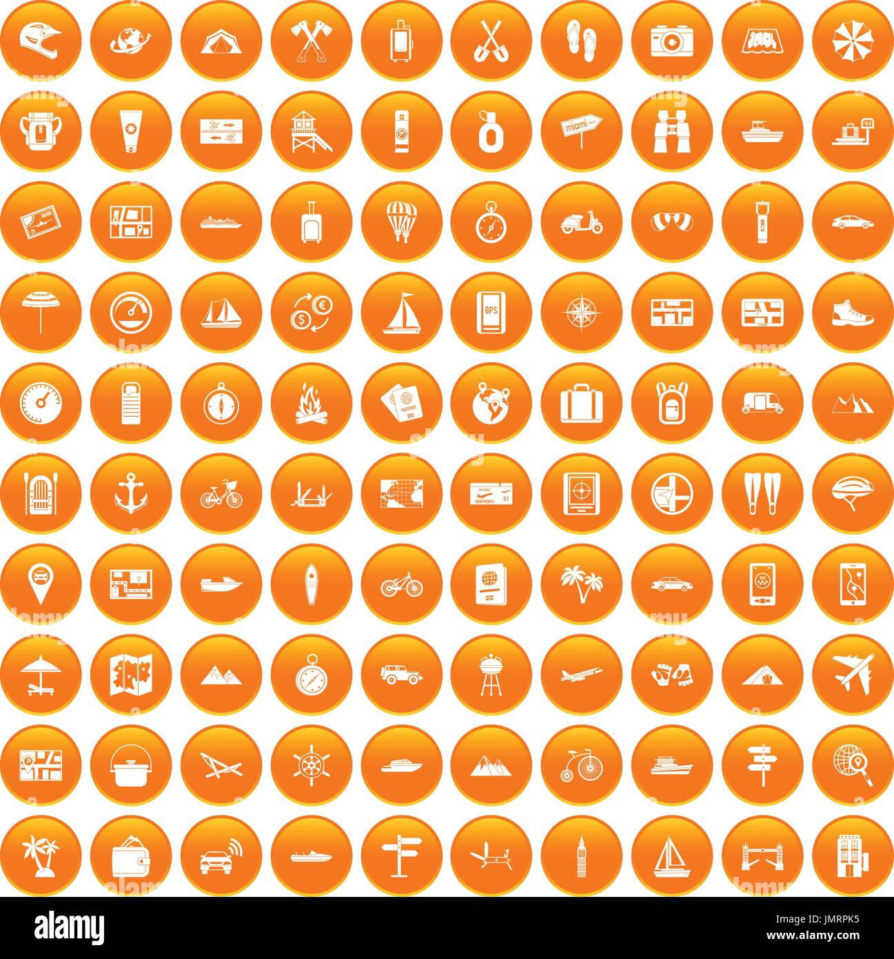100 travel icons set orange Stock Vector
