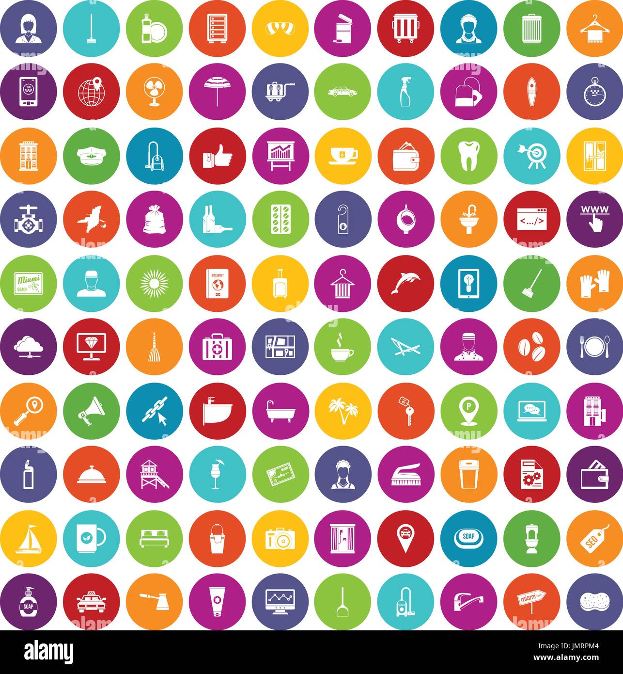 100 hotel services icons set color Stock Vector