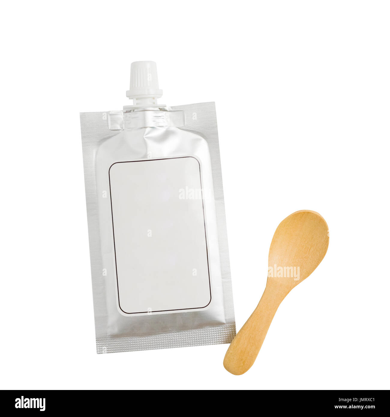 Blank spout pouch with cap or doy pack and wood spoon. isolated on white background with clipping path Stock Photo