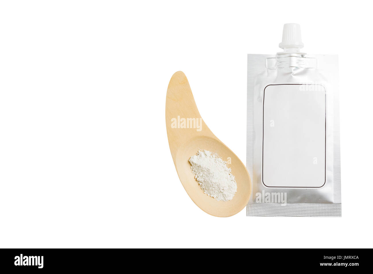 Blank spout pouch with cap or doy pack and wood spoon. isolated on white background with clipping path Stock Photo