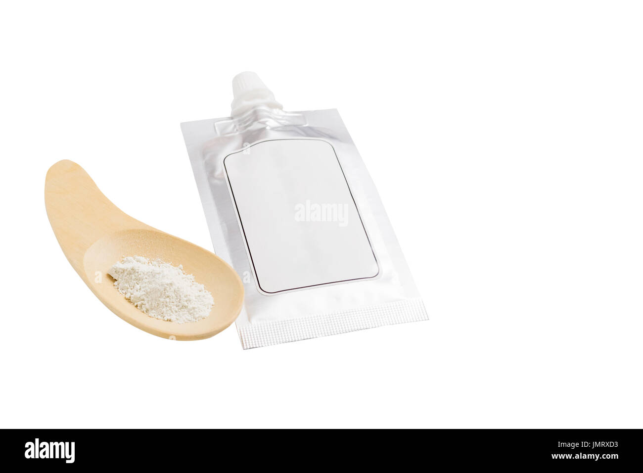 Blank spout pouch with cap or doy pack and wood spoon. isolated on white background with clipping path Stock Photo
