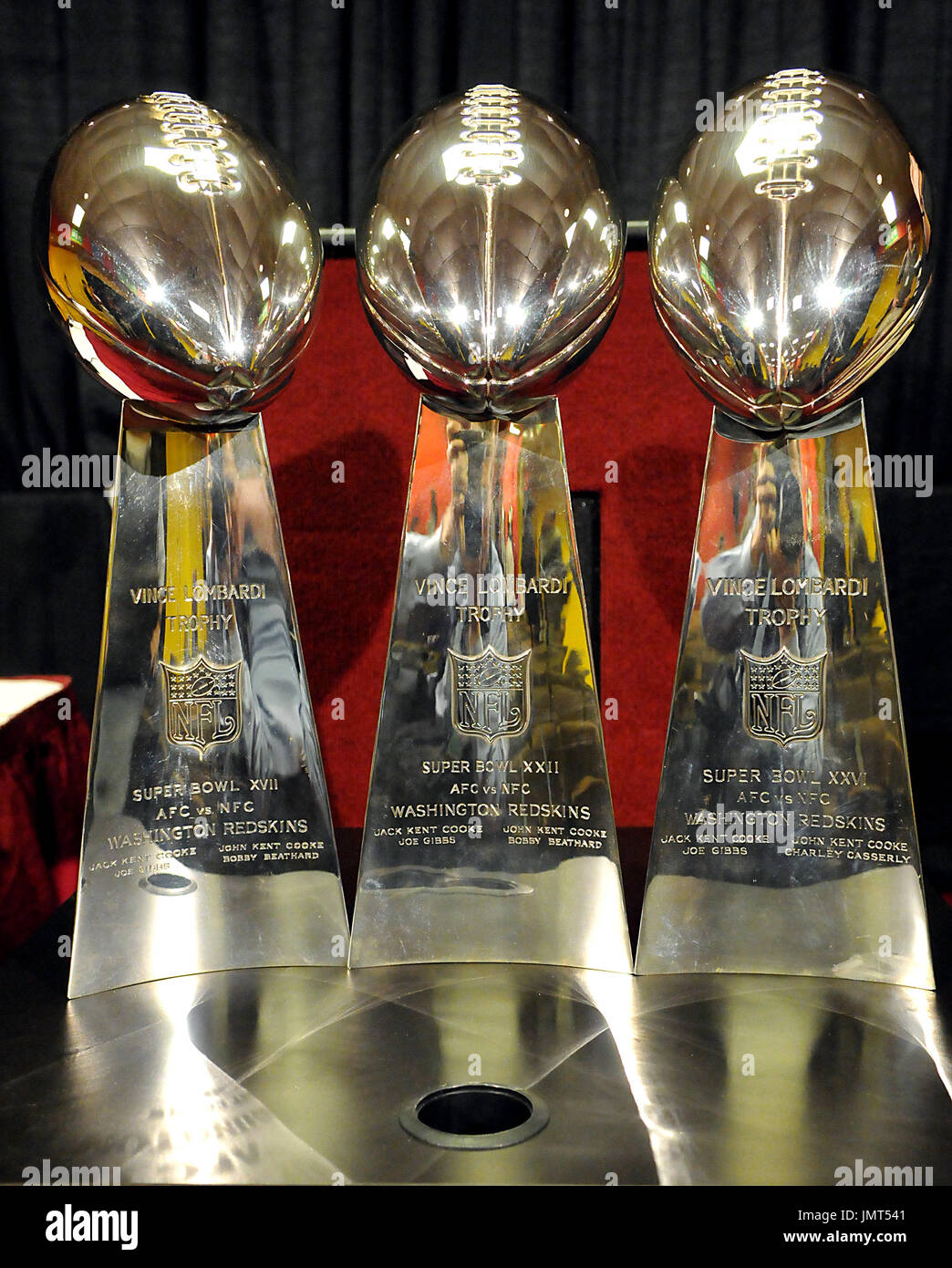 Ashburn, VA - January 8, 2008 -- The 3 Washington Redskins Super Bowl  trophys are on display at he press conference where former Washington  Redskins Head Coach Joe Gibbs explained his reasons