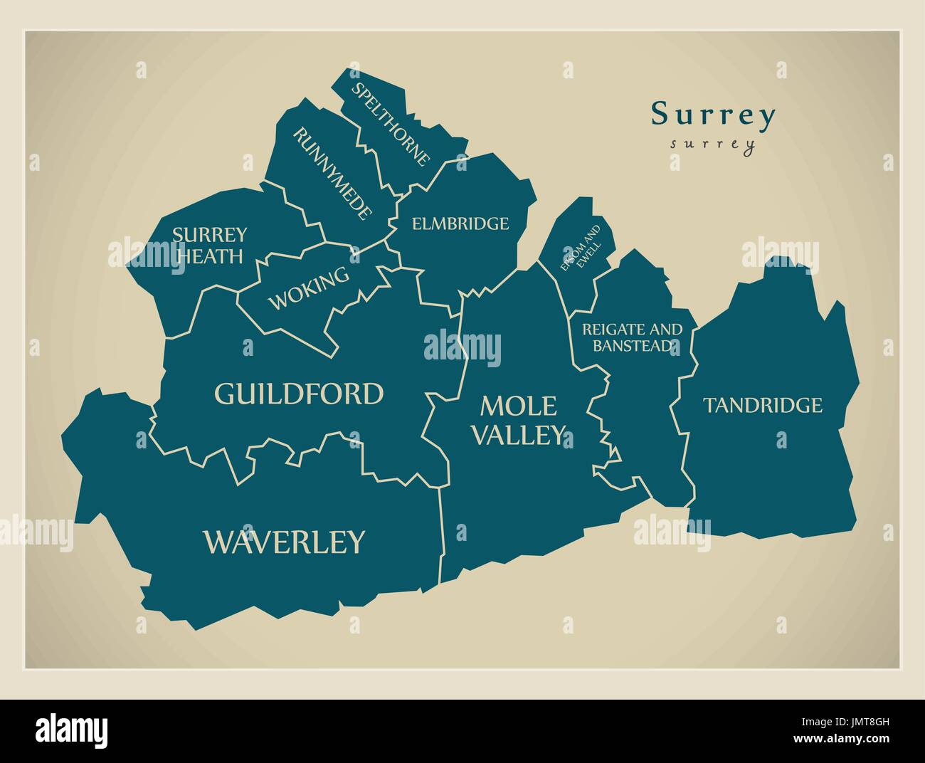 Modern Map Surrey County With District Captions England UK   Modern Map Surrey County With District Captions England Uk Illustration JMT8GH 