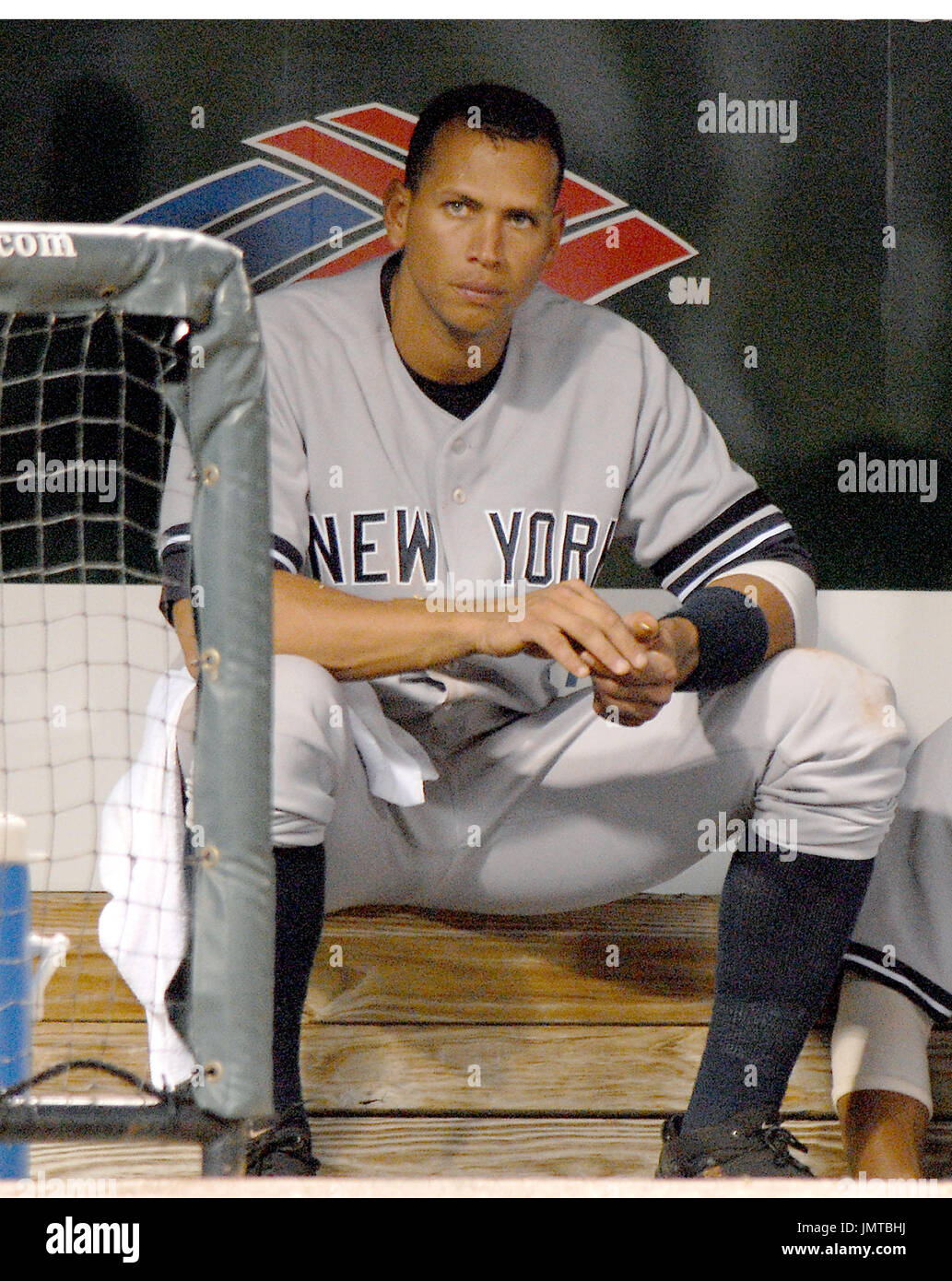 Baltimore, MD - July 27, 2007 -- New York Yankee third baseman Alex  Rodriguez watches from the dugout as the Yankees bat in the second inning  against the Baltimore Orioles at Oriole