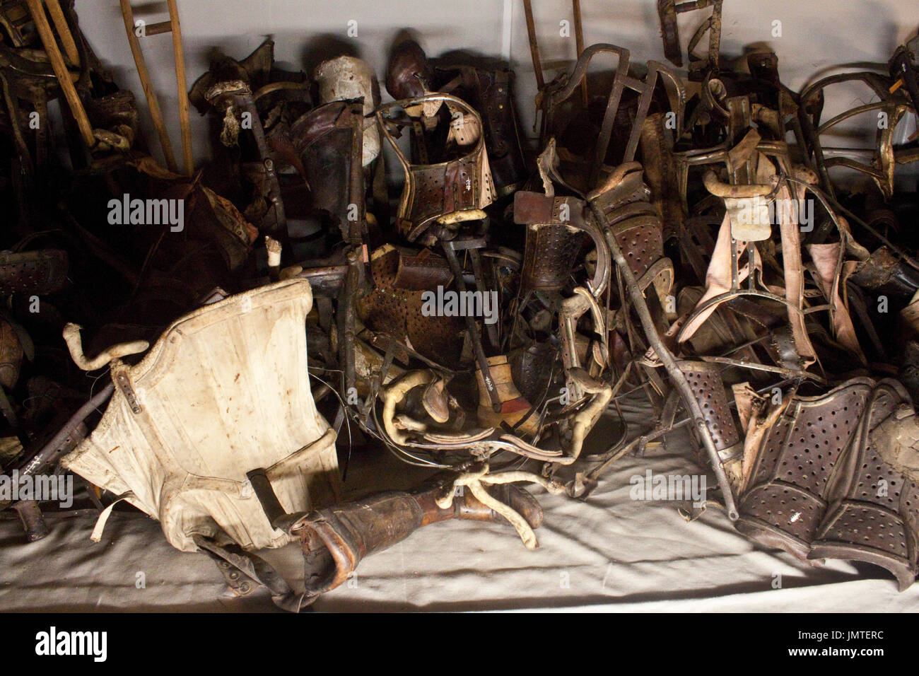 Crutches and prosthetic limbs of the prisoners at the Auschwitz ...