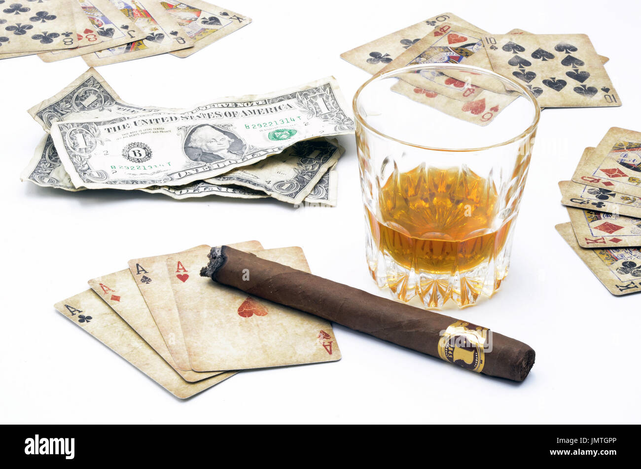 Money Poker Whiskey scenery Stock Photo
