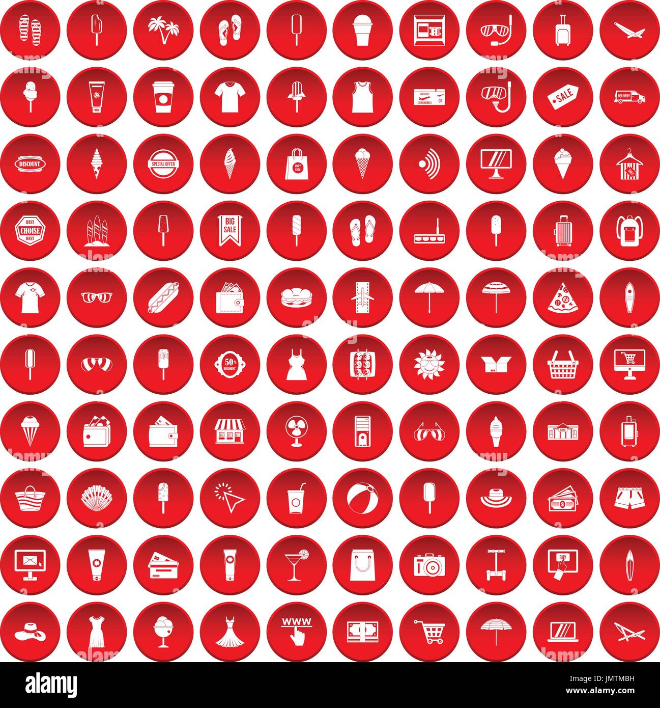 100 summer shopping icons set red Stock Vector