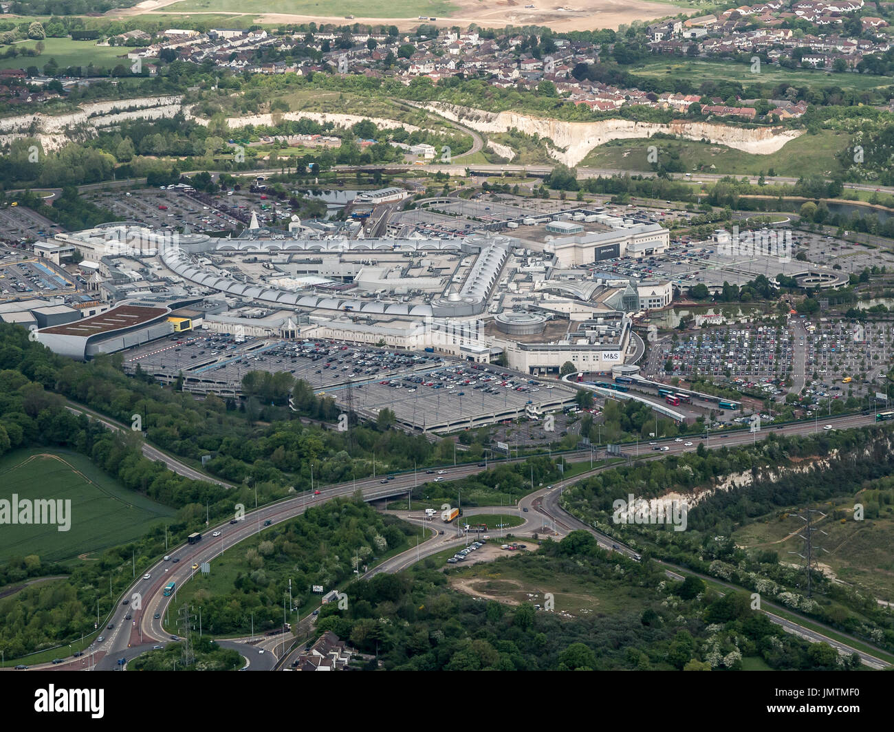 Aerial view of Bluewater shopping centre, Dartford ,Greenhithe, Kent ,UK Stock Photo