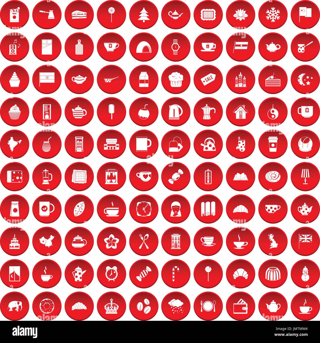 100 tea cup icons set red Stock Vector