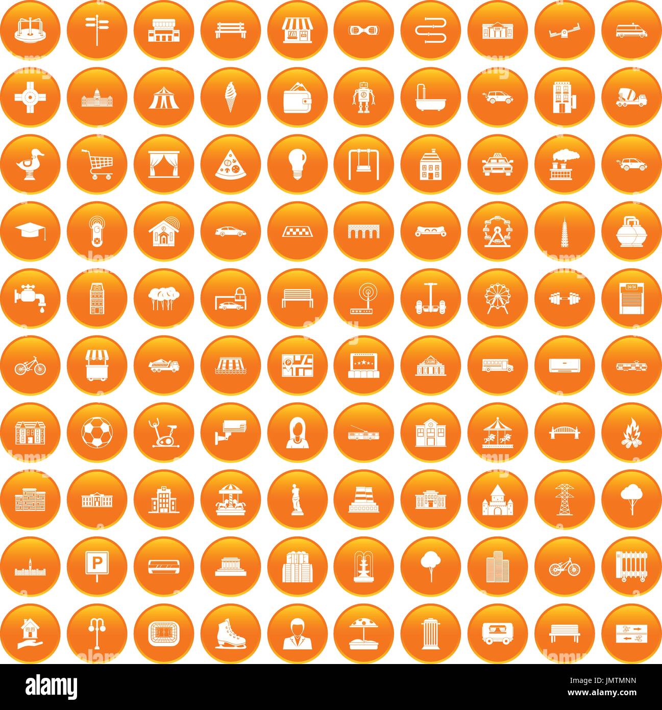 100 urban icons set orange Stock Vector