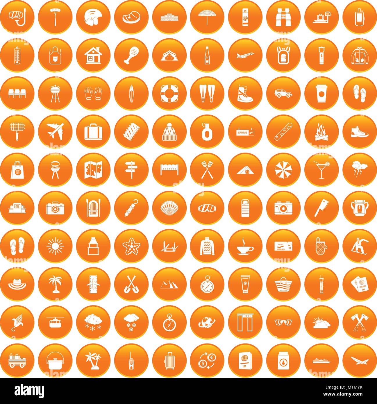 100 vacation icons set orange Stock Vector